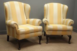 Pair wingback armchairs upholstered in stripe cover,