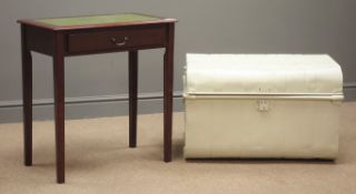 Grey painted tin trunk, hinged lid, (W72cm, H45cm, D48cm) and a reproduction mahogany side table,