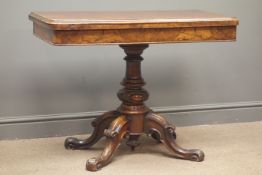 Victorian walnut fold over card table, turned column, with four splayed supports, 93cm x 91cm,