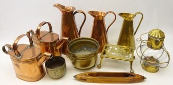 Ships paraffin lamp brass, two brass watering cans, brass water jug, two copper water jugs,