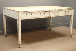 Large Victorian pine work table, planked top with two frieze drawers on square supports, W157cm,