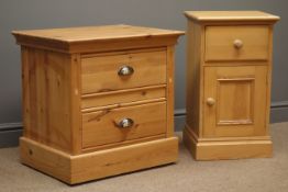 Solid pine bedside chest, two drawers, plinth base, on castors, (W61cm, H61cm) and similar bedside,