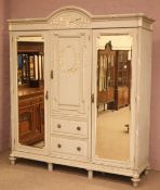 Early 20th century French style grey finish triple wardrobe,