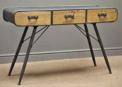 Retro industrial style pine and metal three drawer desk/console table, W121cm, H75cm,