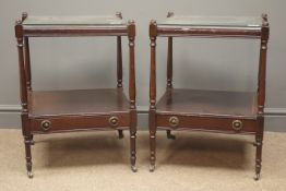 Pair mahogany side tables, single drawers, turned supports joined by an under tier, W44cm, H61cm,
