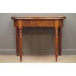 19th century mahogany folding tea table, turned supports, W94cm, H79cm,