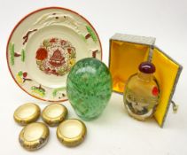 Four Japanese Satsuma salts, Victorian child's plate,