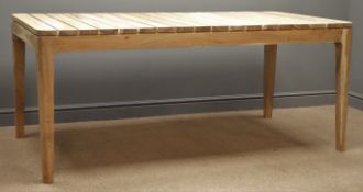 Rectangular teak slatted garden table on tapering supports, 180cm x 90cm,