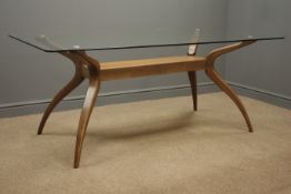 Jenson rectangular glass top dining table, shaped walnut supports joined by under tier,