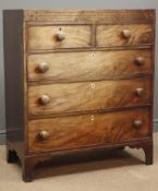 19th century inlaid mahogany chest, two short and three long drawers, bracket feet, W97cm, H112cm,