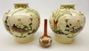 Pair Satsuma Moriage baluster vases decorated with figures in a garden,