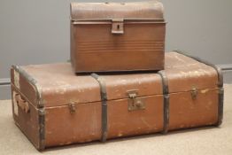 Early 20th century travelling trunk, hinged lid with latches, leather carrying handles, (W91cm,