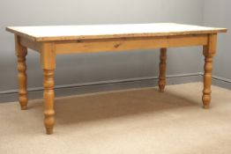 Large rectangular pine table, turned supports, 183cm x 91cm,