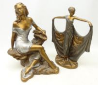 Art Deco style bronzed figure of a dancer and another of a seated Maiden, both by Austin,