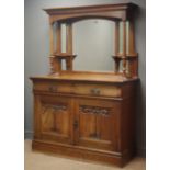 Arts & Crafts oak sideboard, projecting cornice, bevel edged mirrors, turned side supports,