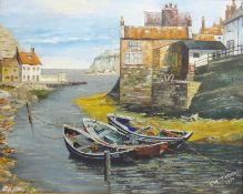 'The Cobbles', Staithes, 20th century oil on board signed and dated 1977 by L W Thomas,