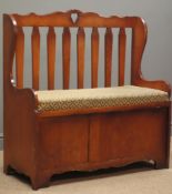 20th century stained beech church pew, pierced and shaped cresting rail, slat back,