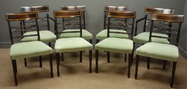 Set eight (6+2) Georgian style mahogany dining chairs, satinwood banded top rail,
