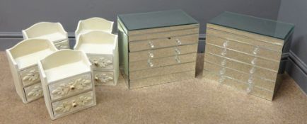 Two mirrored five drawer jewellery chests with hinged tops, W36cm, H32cm,