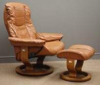 Ekorness stressless swivel armchair and matching stool upholstered in tan leather