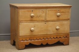 Early 20th century pine chest, two short and one long drawer, pierced and shaped apron, W89cm,