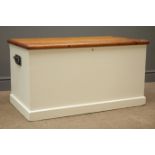 Painted pine blanket box, hinged lid, metal carrying handles, white finish sides, W89cm, H48cm,