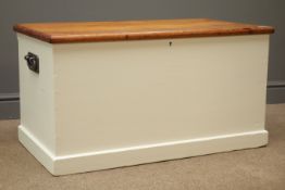 Painted pine blanket box, hinged lid, metal carrying handles, white finish sides, W89cm, H48cm,