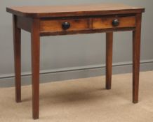 19th century mahogany folding tea table with two drawers and square tapering legs, W98cm, H77cm,