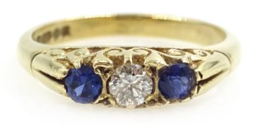 Sapphire and diamond three stone 9ct gold ring hallmarked