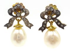 Pair of pearl and diamond bow ear-rings