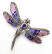 Plique-a-jour and marcasite silver dragonfly pendant/brooch,