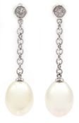 Pair of 18ct gold diamond and pearl pendant ear-rings