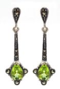 Pair of silver peridot and marcasite drop ear-rings stamped 925