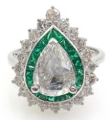 18ct white gold diamond and emerald cluster ring, stamped 750,