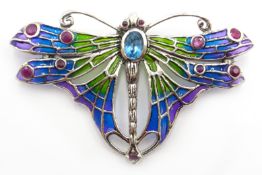 Plique-a-jour and stone set silver butterfly pendant/brooch,