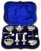 Edwardian silver seven piece condiment set by S Blanckensee & Son Ltd Birmingham 1903/4 cased (plus