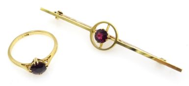 18ct gold bar brooch set with a garnet and a similar 18ct gold garnet ring Condition
