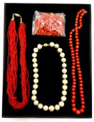 Three coral necklaces and a pearl necklace with silver-gilt clasp,