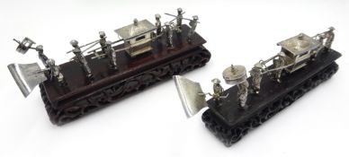 Two early 20th century Chinese silver models of processions on carved hardwood stands 15cm