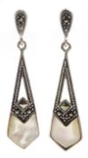 Pair of silver pearl and marcasite drop ear-rings stamped 925