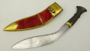 Kukri knife, 25cm curved single edge blade with horn handle in brass and plush sheath,