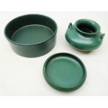 Three pieces of Chinese green tea dust glazed ceramics comprising a two handled censer,