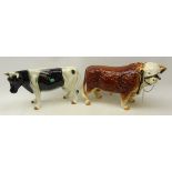 Large ceramic model of a Shetland cow and a model of a Hereford bull, probably melba ware, H25cm,