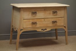 Edwardian stripped satin walnut chest, two drawers, splayed tapering stile supports,