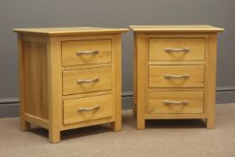 Pair light oak bedside tables, three drawers, stile supports, W50cm, H58cm,