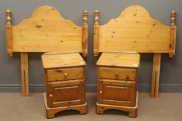 Pair pine bedside chests, raised back, single drawer above panelled cupboard, shaped apron,