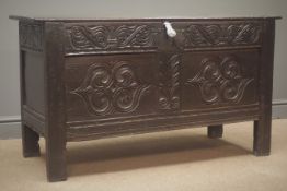 17th/18th century carved oak blanket chest, hinged lid, stile supports, W115cm, H65cm,