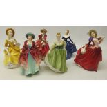 Six Royal Doulton figures, 'Fragrance', 'Sandra', 'Autumn Breezes', 'Fair Lady',