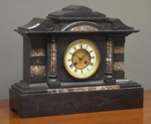 19th century black slate and marble mantel clock, twin train movement striking on coil,