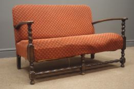 Early 20th century oak framed barley twist sofa, upholstered back and seat,